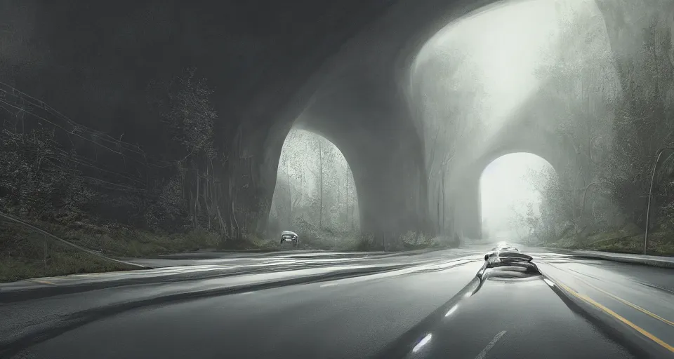 Prompt: a beautiful landscape painting, a single lane tunnel with a car driving away, in the shadows is a monster made from water, by sam guay, moody lighting, hyperrealism, 4 k, octane render