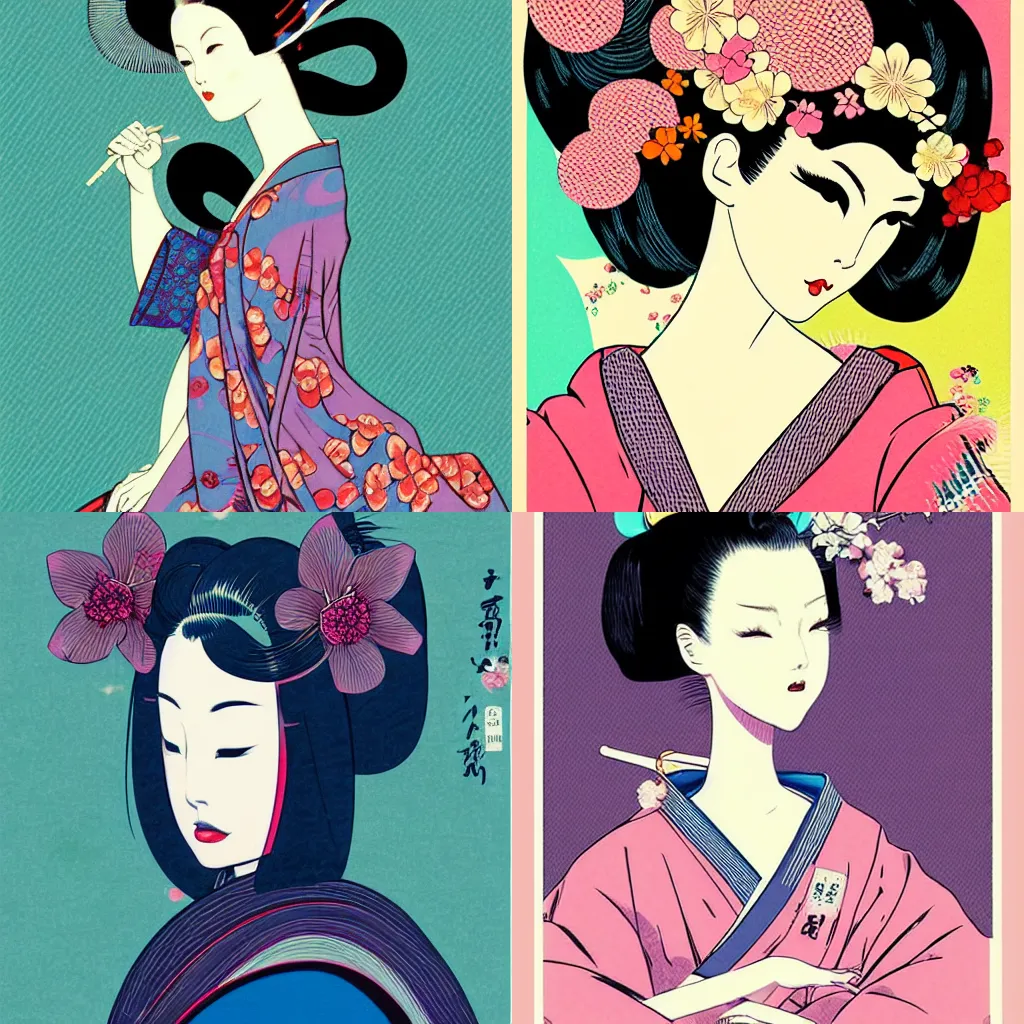 Prompt: beautiful vogue geisha by hokusai, hikari shimoda, shinsui ito, classic shoujo, in the style of 6 0 s pop art, fantastic planet, minimalist poster art, screen print texture, pastel colors, gothic, retrofuturism, icon, skull, artstation