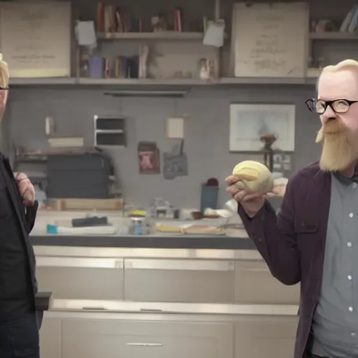 Prompt: photorealistic Adam Savage and Jamie Hyneman in Synopsis preceding scene cut released from episode 10 good morning of the TV anime Chihiro days broadcast on Tuesday March 9