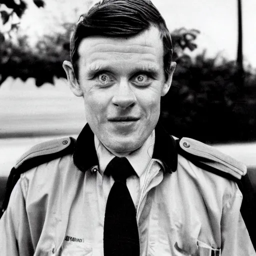 Prompt: photograph of a british man, with crooked teeth, and wide eyes, sneering at camera, 1980s, cop outfit, realistic W- 700 C- 15.0