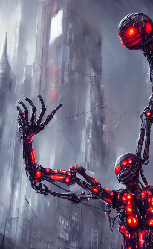 Image similar to a robot humanoid spider in a city, with 4 arms with claws, glowing red eyes, in a black carbon and red fiber armor, smiling creepily, dynamic lighting, photorealistic fantasy concept art, trending on art station, stunning visuals, creative, cinematic, ultra detailed