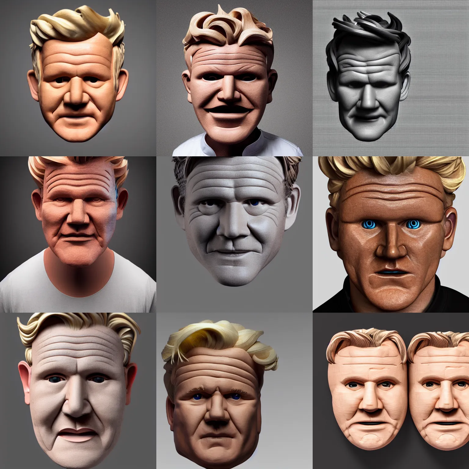 Prompt: A wooden mask of Gordon Ramsay\'s face, 3D render, studio lighting, dutch angle
