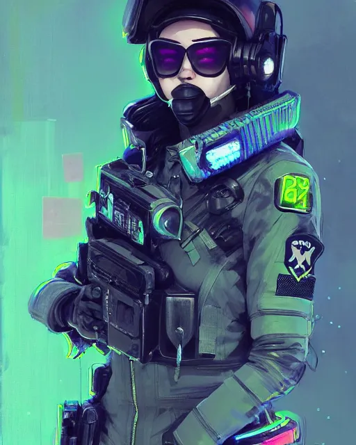 Image similar to detailed neon female swat officer flying a jet, cyberpunk futuristic, neon, reflective puffy coat, decorated with traditional japanese by ismail inceoglu dragan bibin hans thoma greg rutkowski alexandros pyromallis nekro rene margitte, wide angle, illustrated, perfect face, fine details, realistic shaded, fine - face, pretty face