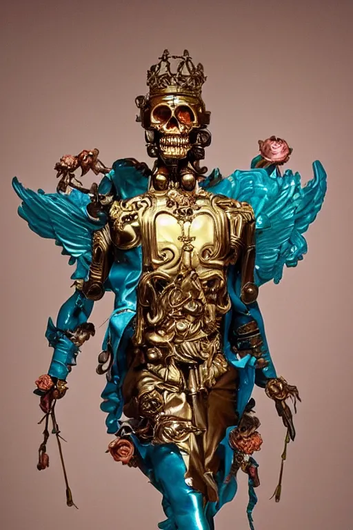 Image similar to a young handsome Spanish metal android with a large glowing pink lit crystal in the center of his chest, full-body bronze cyberpunk style statue of Icarus with glowing red eyes, crown of mechanical peach roses, flowing teal-colored silk, fabric, steampunk flowers. baroque elements, human skull. full-length view. baroque element. intricate artwork by caravaggio. many flying horses on background. Trending on artstation, octane render, cinematic lighting from the right, hyper realism, octane render, 8k, depth of field, 3D