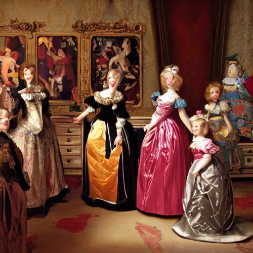 Image similar to Women in baroque dresses, standing in the middle of the room full of toys