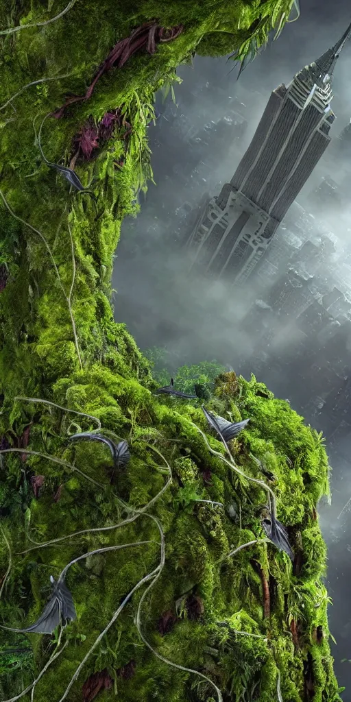 Prompt: an epic view of vines and moss growing on the empire state building, moss, jungle, with pterosaurs flying, close - up, low angle, wide angle, atmospheric, volumetric lighting, cinematic, 8 k, octane render, unreal engine, very realistic, highly detailed digital art, painted by tyler edlin