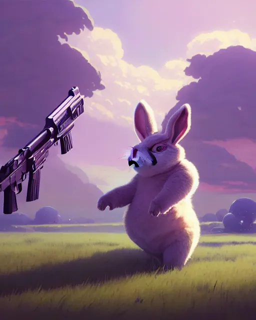 Image similar to highly detailed vfx portrait of a cute, happy big chungus, shooting two mac - 1 0 s, stephen bliss, unreal engine, greg rutkowski, loish, rhads, beeple, makoto shinkai and lois van baarle, ilya kuvshinov, rossdraws, tom bagshaw, global illumination, detailed and intricate environment