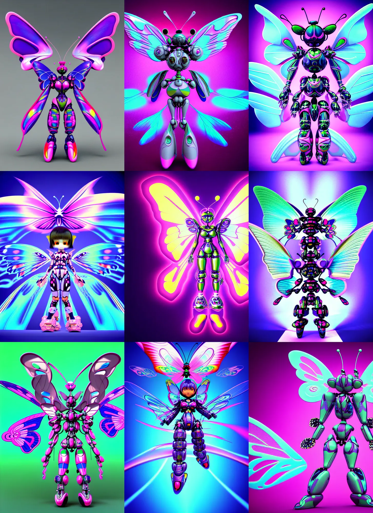 Prompt: 3d rendered chibi butterfly mecha in the style of Ichiro Tanida 3D render wearing angel wings against a psychedelic swirly background with 3d rendered butterflies and 3d rendered flowers n the style of 1990's CG graphics 3d rendered y2K aesthetic by Ichiro Tanida, 3DO magazine