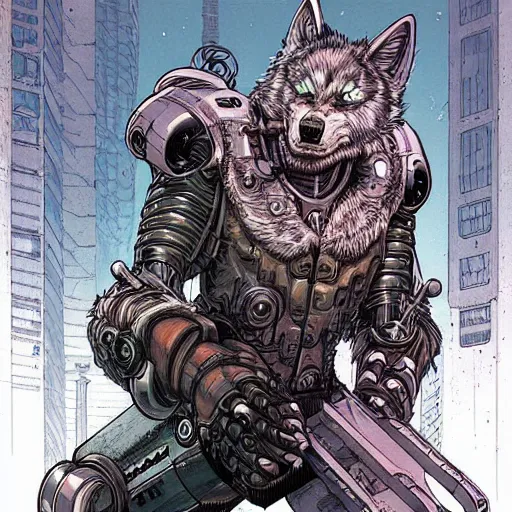 Image similar to portrait of a cybernetic werewolf warrior with white fur and power armor, cyberpunk concept art by josan gonzales and moebius and enki bilal and and dan mumford and jean claude meziere and philippe druilleg