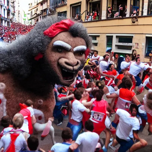 Image similar to giant screaming bob ross running from the bulls in pamplona spain