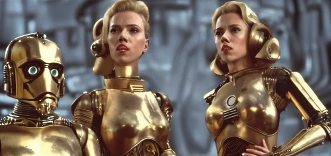 Image similar to a still of Scarlett Johansson next to C3PO in return of the jedi (1983)