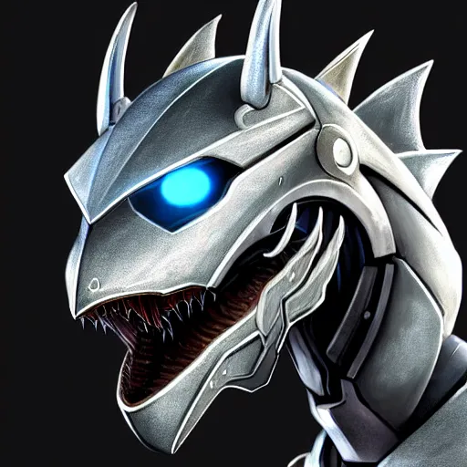 Image similar to high quality close up headshot of a cute beautiful stunning robot anthropomorphic female dragon, with sleek silver armor, a black OLED visor over the eyes, looking at the camera, maw open and about to eat you, you being dragon food, the open maw being detailed and soft, highly detailed digital art, furry art, anthro art, sci fi, warframe art, destiny art, high quality, 3D realistic, dragon mawshot, dragon art, Furaffinity, Deviantart