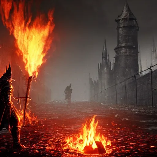 Image similar to soul of cinder boss from dark souls 3 standing in middle of a street, looking at a camp fire, evening time, heavy rain, rain water reflections in ground, digital illustration, crisp details, highly detailed art, 8k image quality, full body camera shot