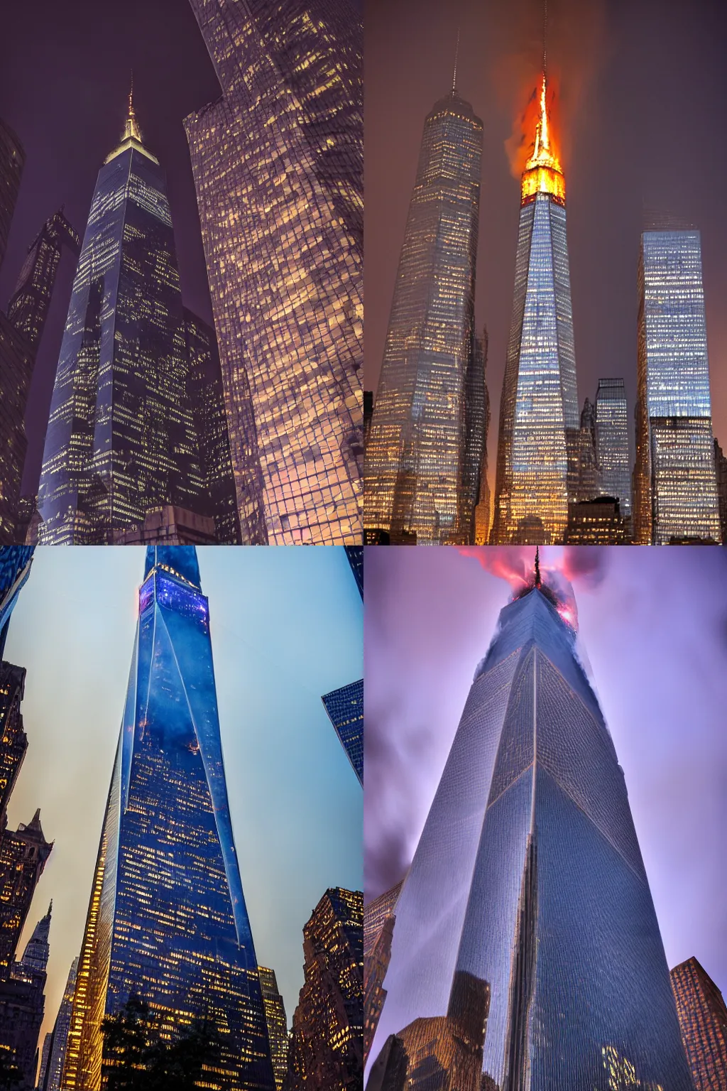 Prompt: New York Freedom Tower burning, nighttime, 50mm oversaturated color photograph