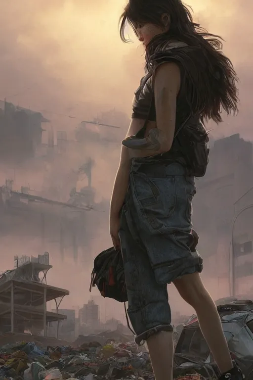 Image similar to detailed lonely girl with backpack standing at cars looking for food at garbage dump, destroyed cars, city is pure wasteland, moody sunset in background, save the planet, high details, sharp, photorealism, cinematic, greg rutkowski, alphonse mucha, trending on artstation, artgerm, unreal engine, breathtaking, award winning, highly detailed