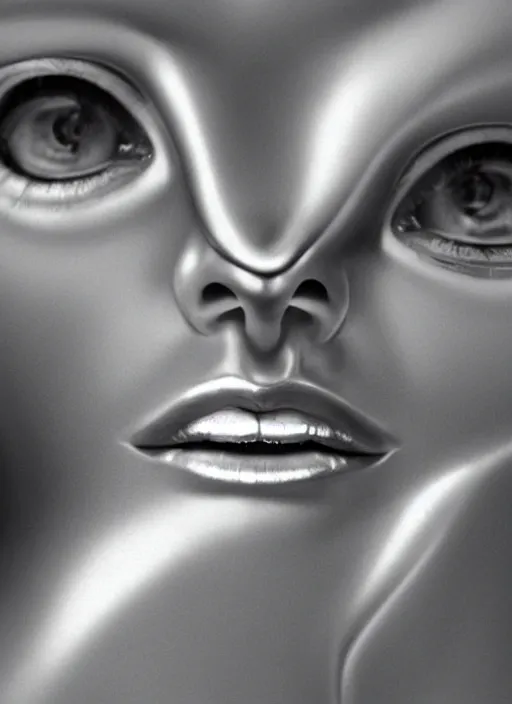 Image similar to hyper realistic and detailed closeup photo of a chrome female gynoid by annie leibovitz