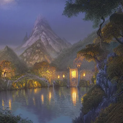 Prompt: Rivendell in the evening, detailed matte painting, Alan Lee, Artstation