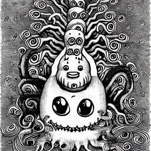 Prompt: a cute but frightening corgi with many eyes and tentacles, detailed horror manga drawing by junji ito, kentaro miura