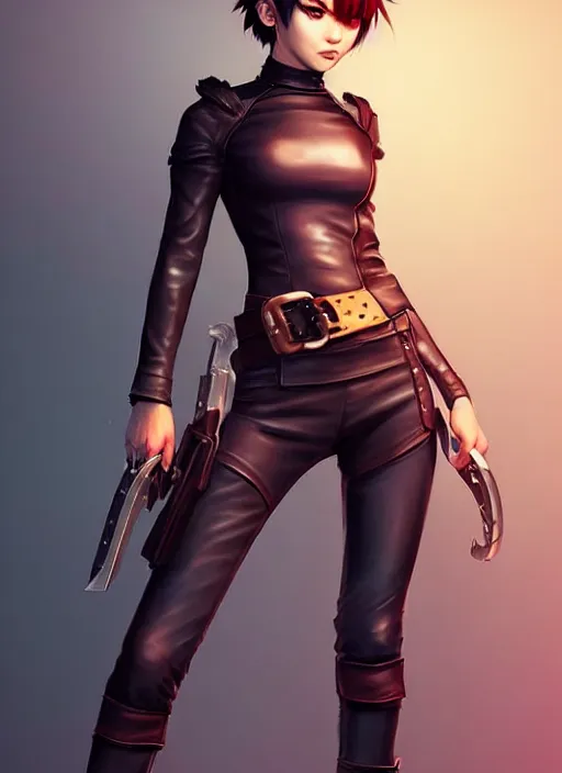 Prompt: rogue, leather bandit outfit!!! beautiful and athletic short hair female!! gorgeous face and eyes!! character concept art, sharp focus, octane render! unreal engine 5! highly rendered!! trending on artstation!! detailed linework!! illustration by artgerm, wlop, and chie yoshii