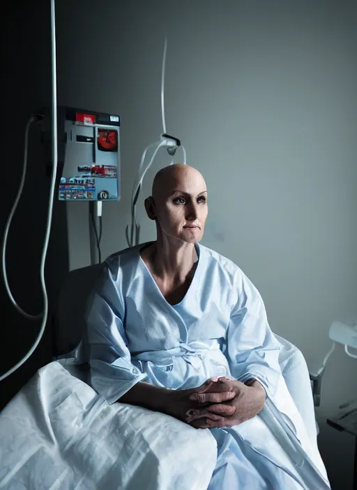 Image similar to medium shot, photo of a beautiful bald 4 0 year old woman hospital patient sitting in a hospital room, wearing a hospital gown, with an iv drip, hopeful. studio lighting, 3 5 mm, marketing photo by charlie waite, max rive, caroline foster.