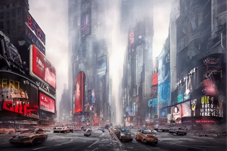 Prompt: ufo over timesquare nyc, concept art, intricate details, eerie, highly detailed, photorealistic, octane render, 8 k, unreal engine. art by greg rutkowski and james gurney and h r giger