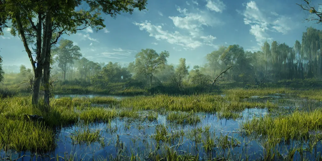 Prompt: a swampy wetland landscape under a sunny blue sky, hyper detailed, digital art, trending in artstation, cinematic lighting, studio quality, smooth render, unreal engine