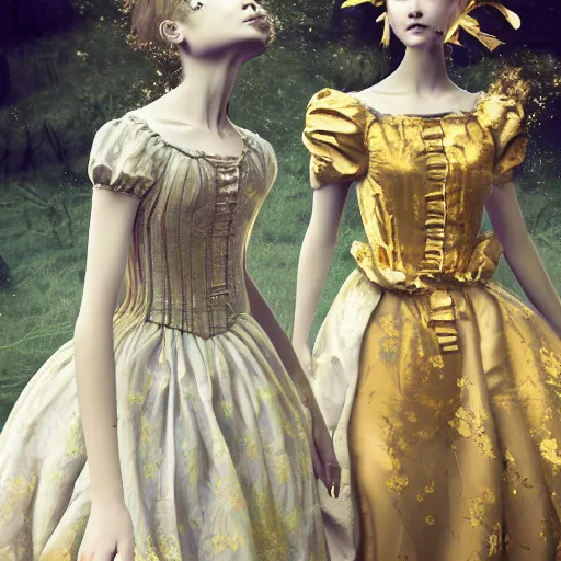 Image similar to 8k, octane render, realism, tonalism, renaissance, rococo, baroque, group of realistic creepy young ladies wearing long harajuku manga dress with flowers and skulls, background chaotic gold leaf flowers