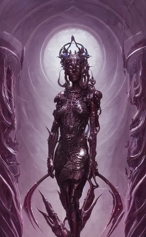 Image similar to Full lengh of a cyborg gothic goddess by Wayne Barlowe and Peter Mohrbacher, detailed, sharp, digital art, trending on Artstation