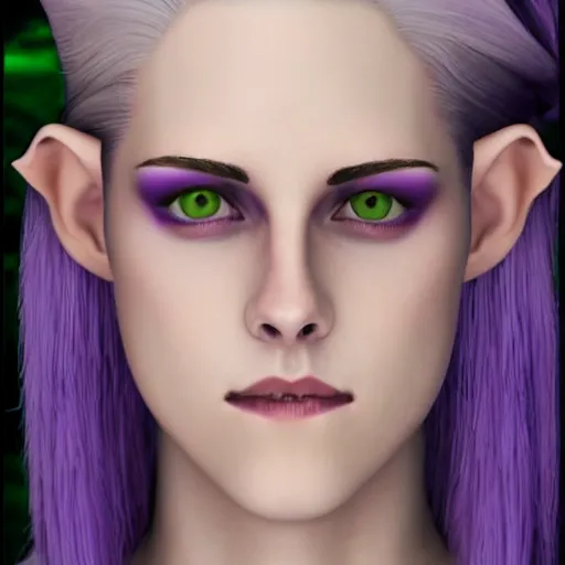 Image similar to Purple skinned Kristen Stewart as a smiling Elf wizard with ((white)) hair. smooth purple skin!, + purple skin Photorealistic digital art trending on artstation, artgem, 4k HD.