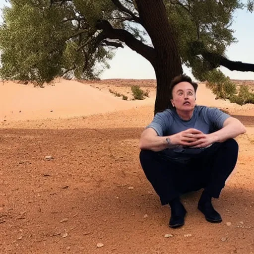 Image similar to elon musk sadly smoking weed while sitting under a tree on mars