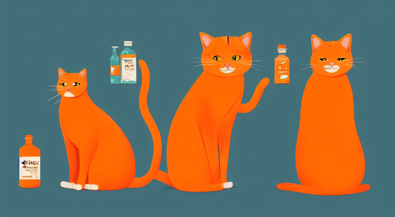 Prompt: a cat standing next to a bottle of medicine. orange cat. animal. digital art. artstation. illustration.