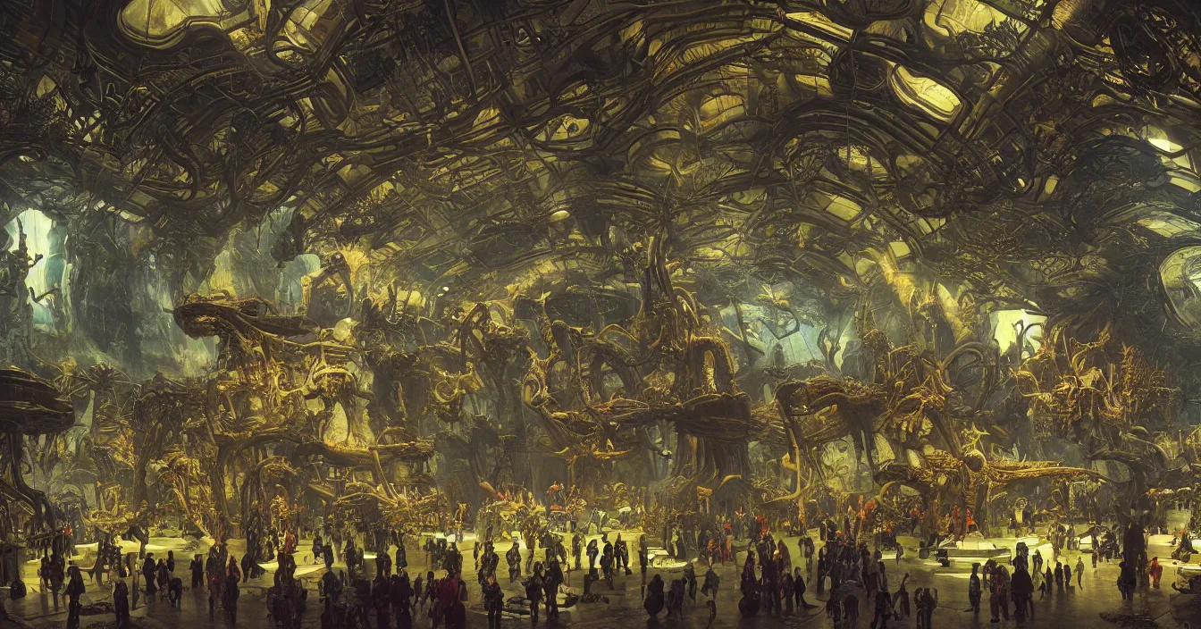 Image similar to Photograph of interior of futuristic museum, full of thousands of exhibits of different alien fossils, high detail, back light contrast, dramatic atmosphere, bright vivid colours, painted by John Howe, Marc Simonetti, Asher Brown Durand , Gustave Dore, George Inness,