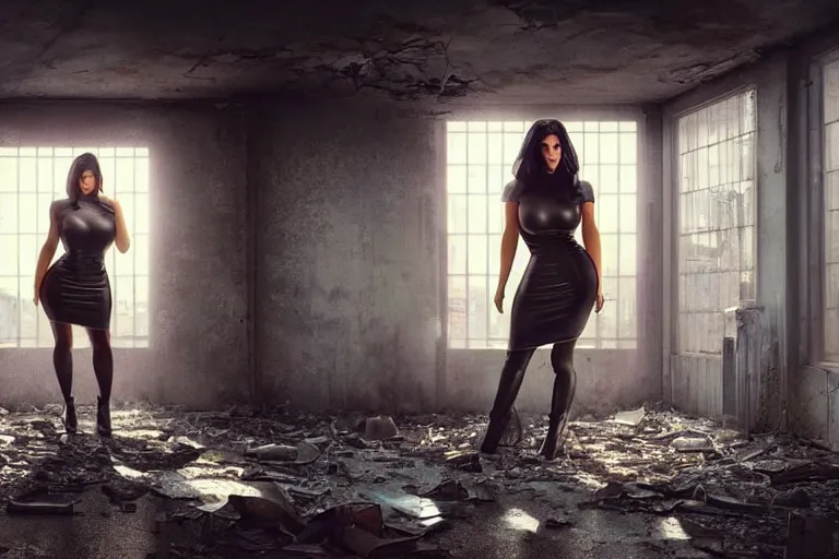 Image similar to photo still of kim kardashian as a cop inside a derelict apartment, glowing walkie talkie, realistic, wide shot, symmetrical, highly detailed, digital photo, instagram, hyper realistic, smooth, sharp focus, illustration, cinematic lighting, art by artgerm and greg rutkowski and alphonse mucha