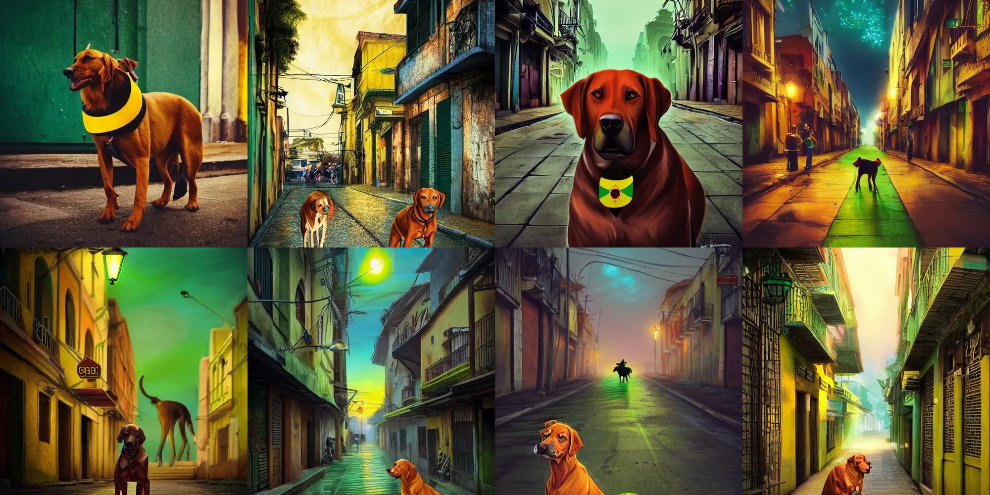 Prompt: beautiful picture of stray, Stray caramel dog and a green and yellow flag in the streets of Brazil | Rhodesian Ridgeback | glowing colors, fantasy art, trending on artstation, cgsociety, nice composition, great fantasy mood, classic Disney mood