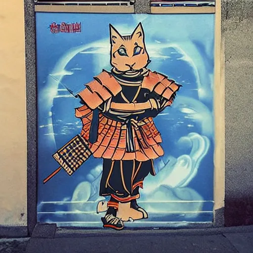 Image similar to samurai cat playing futuristic synth, street art