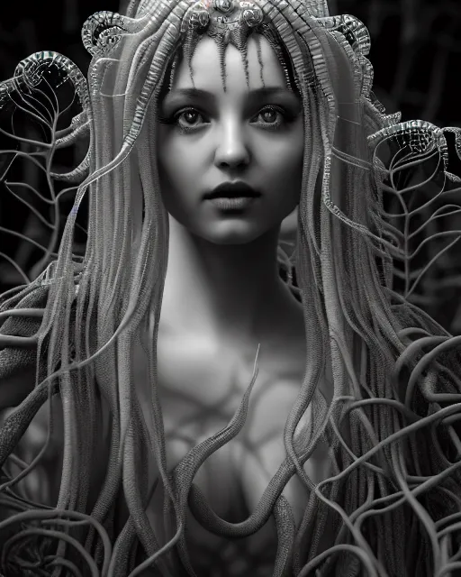 Image similar to mythical dreamy underwater artistic black and white 3 d render of a translucent beautiful young female angelic - medusa - vegetal - doll, highly detailed, intricate crystal ivy jelly ornate, poetic, translucent algae ornate, digital art, octane render, 8 k artistic photography, photo - realistic, hg giger flora borsi