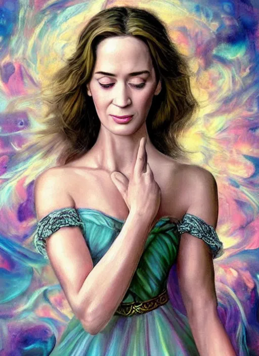 Prompt: amazingly pretty painting depiction of 20 year old Emily Blunt as a young goddess staring seductively at you. ultra detailed painting at 16K resolution and amazingly epic visuals. epically beautiful image. amazing effect, image looks gorgeously crisp as far as it's visual fidelity goes, absolutely outstanding. vivid clarity. ultra. iridescent. mind-breaking. mega-beautiful pencil shadowing. beautiful face. Ultra High Definition. godly shading. amazingly crisp sharpness. photorealistic film cel processed twice..
