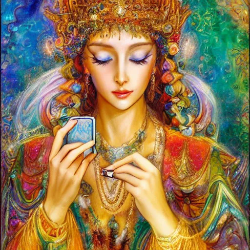 Prompt: a goddess checking her phone by senior concept artist josephine wall, high resolution trending on art station