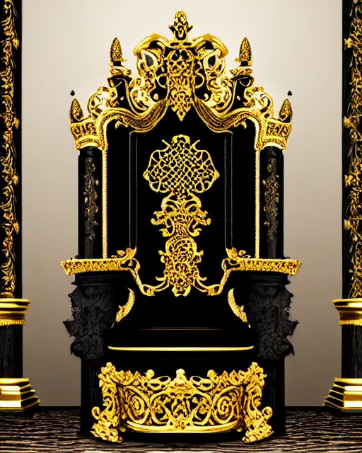 Image similar to royal ornate black ebony throne of realistic detailed owl sanctuary stronghold fortress with golden filigree carved out of ivory, gold royal columns