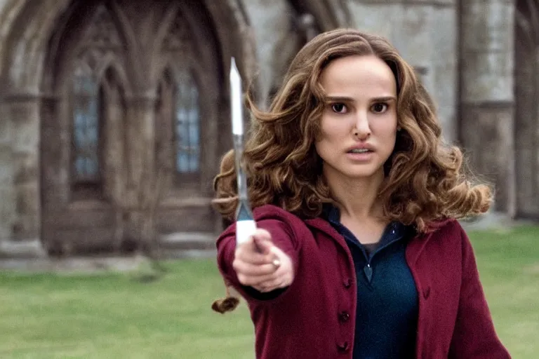 Prompt: film still Natalie Portman as Hermione Granger wearing hogwarts uniform in Harry Potter movie