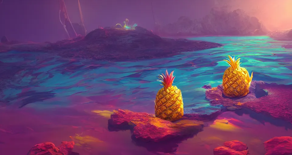 Prompt: a beautiful painting of a dreamscape fish pineapple, octane render, brilliantly coloured, intricate, ultra wide angle, trending on artstation, dusk, volumetric lighting, polished, micro details, ray tracing, 8k