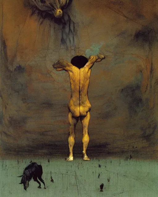 Prompt: a Francis Bacon Painting of a large beast walking the countryside and eating a person, Beksinski painting, part by Francisco Goya and Gerhard Richter. art by James Jean, Francis Bacon masterpiece