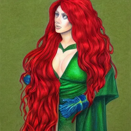 Image similar to full body detailed colored pencil drawing of a beautiful red haired sorceress with a beautiful face, wearing a green magician's robe