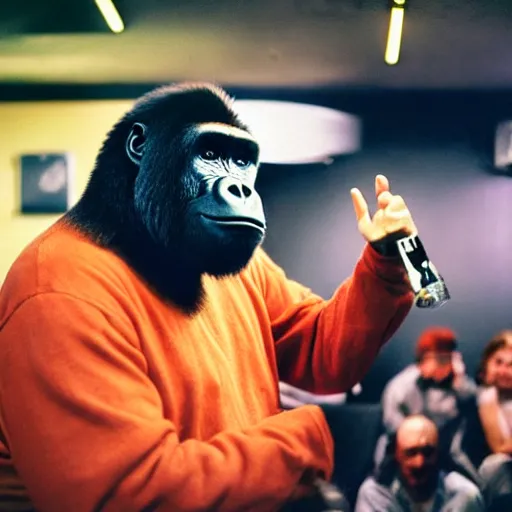 Prompt: photo of gorilla telling jokes at a comedy club, kodak portra 4 0 0 color negative film