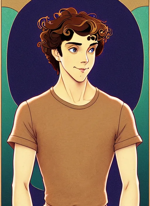 Prompt: art nouveau portrait of a handsome young man with curly medium length light brown hair, brown eyes, aloof, t - shirt, natural lighting, path traced, highly detailed, high quality, cartoon, digital painting, by don bluth and ross tran and studio ghibli and alphonse mucha