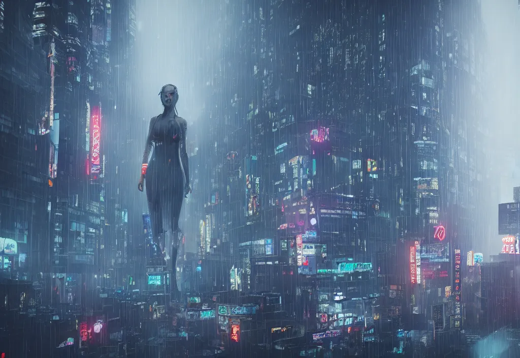 Prompt: 5 0 foot cyberpunk woman, giant, in tokyo city, skyscapers, spot lights, raining, wet, roger deakins cinematography, realistic, stylised, unreal engine, hyper realistic, octane render, camera bloom, fog, bladerunner