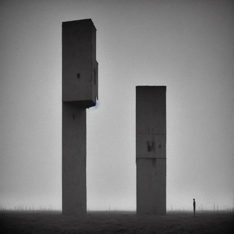 Prompt: the tall thin liminal observer droid by dennis mejillones, in a brutalist yet rural landscape by simon stalenhag, 3 5 mm film photography, dawn, eerie fog