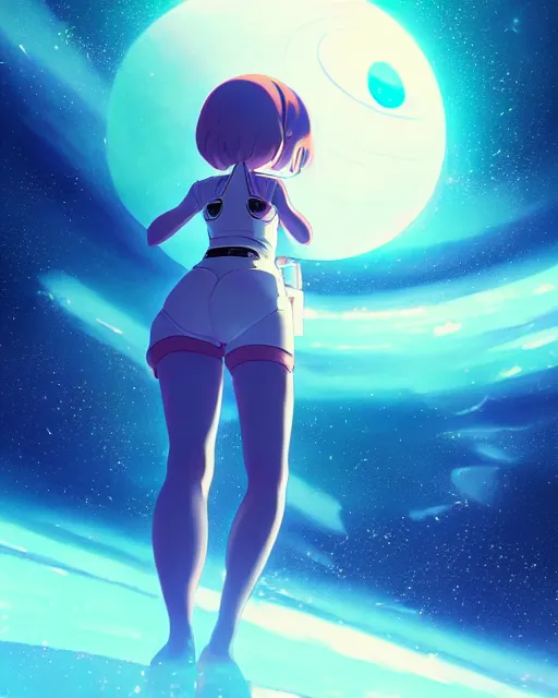 Prompt: a cute thicc astronaut alien girl, floating through empty space, backlit, epic photo ， by makoto shinkai an krenz cushart