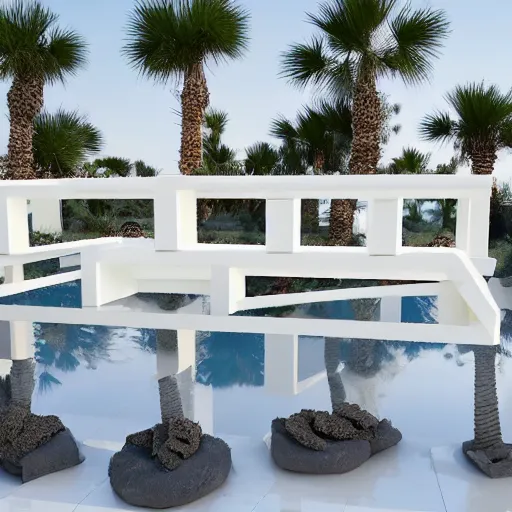 Image similar to white lego architect building in the dessert, with a lot plants and infinite pool