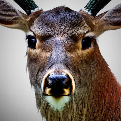 Image similar to hyperrealistic mugshot of a deer, photorealistic, 8k octane render, trending on art station, stunning visuals